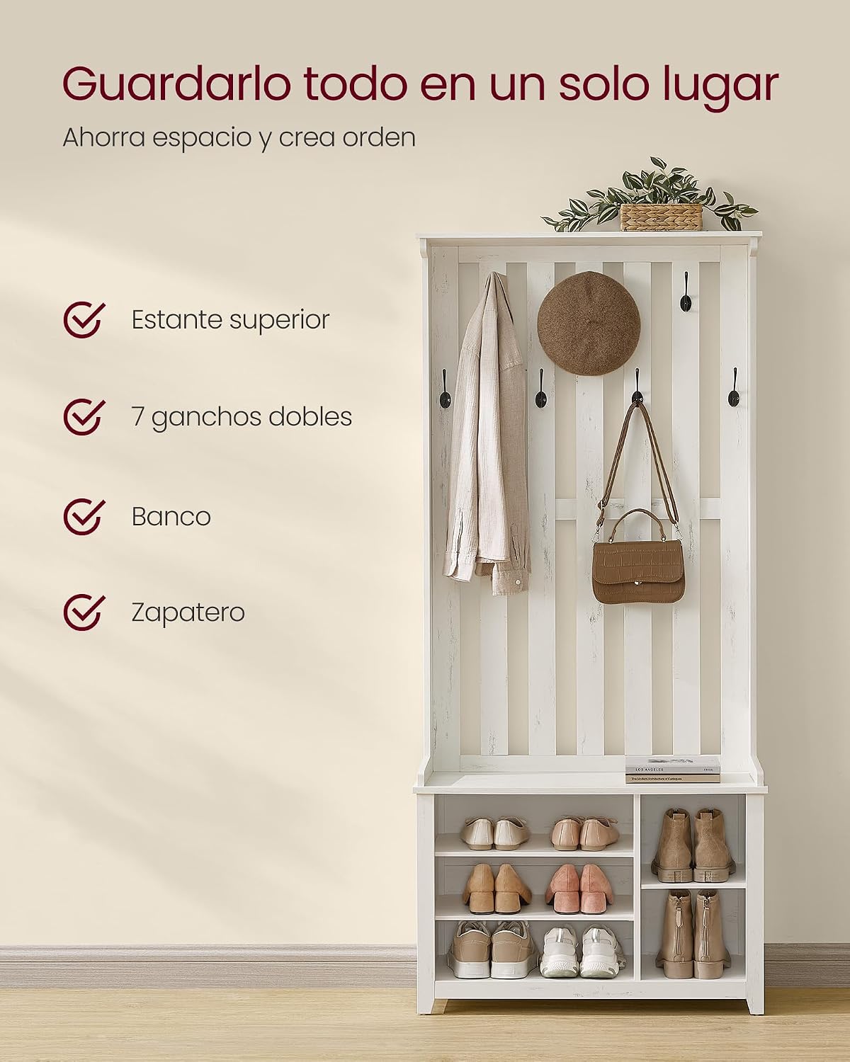 Detalle de VASAGLE HELAN HSR414W01 Coat Rack with Shoe Bench, Adjustable Shelves