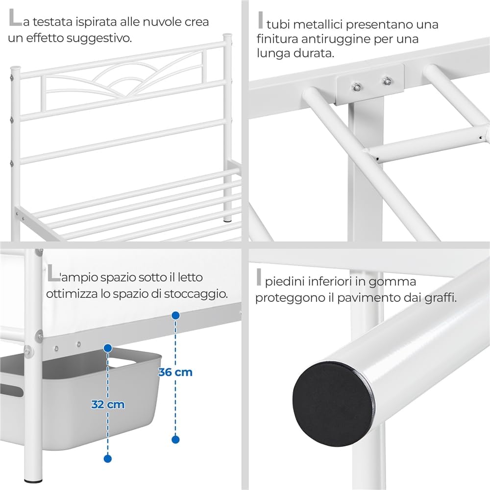 Detalle de Yaheetech Set di 2 Struttura Letto Singolo in Ferro con Spazio Aggiuntivo e Testiera a Nuvole, Bianco 90x190 cm