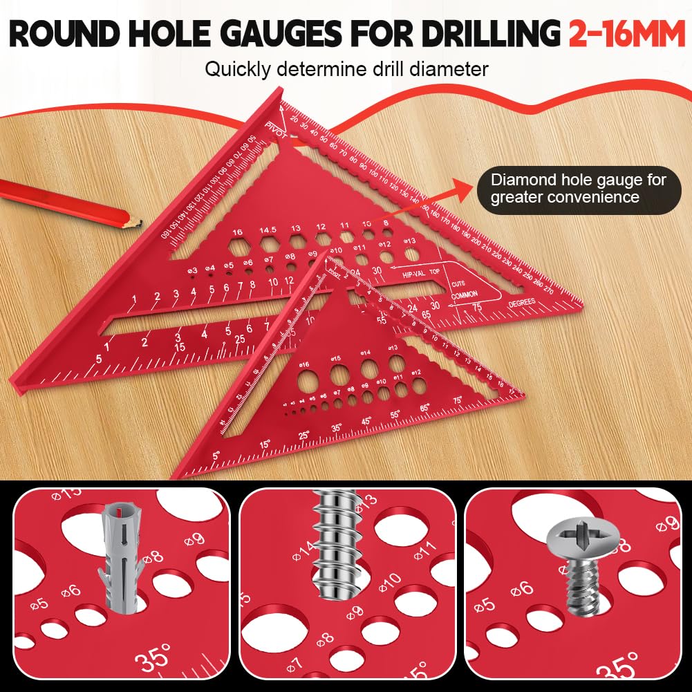 Detalle de Flintronic 2 Pcs Speed Square Set (18 & 30cm) Aluminium Alloy Triangle Ruler with 2 Carpenter Pencils