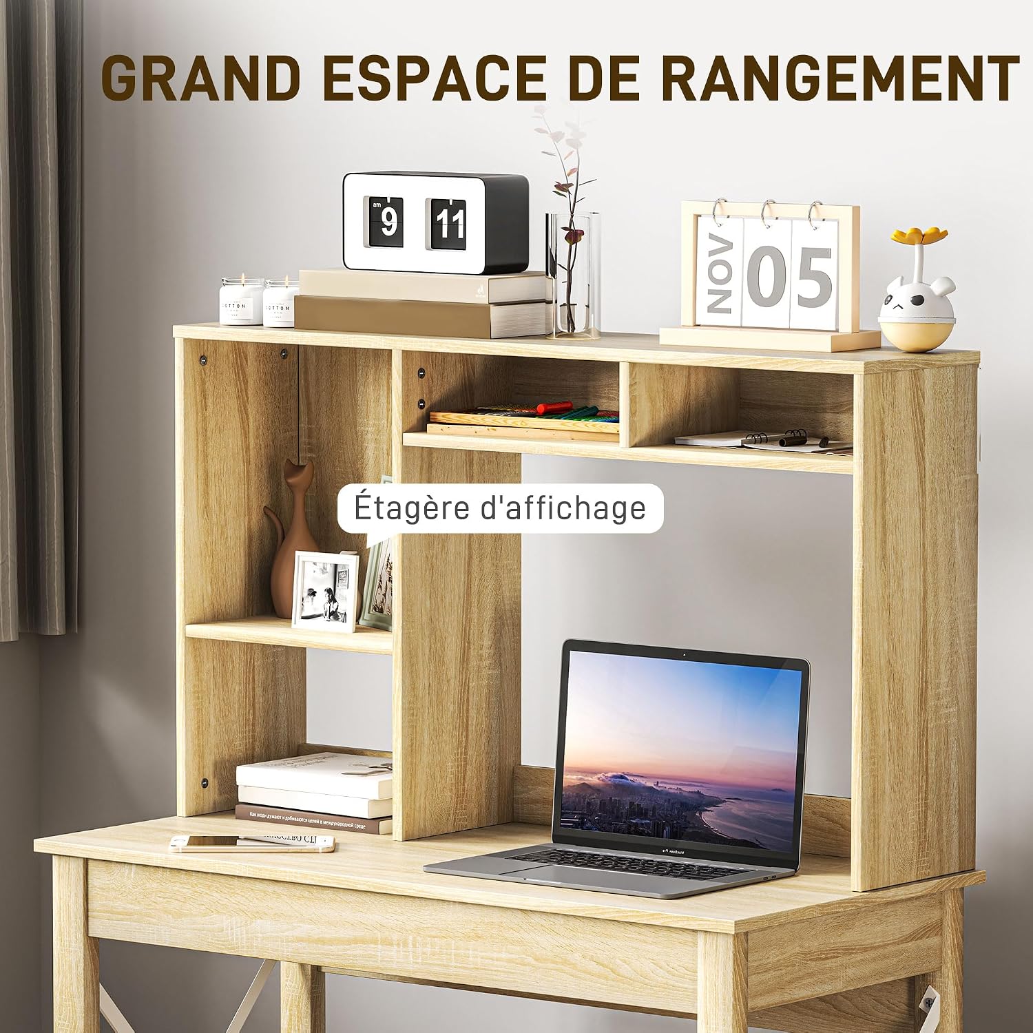 Detalle de HOMCOM Bureau avec rangement et bibliothèque intégrée (105 x 50 x 137,5 cm) aspect chêne