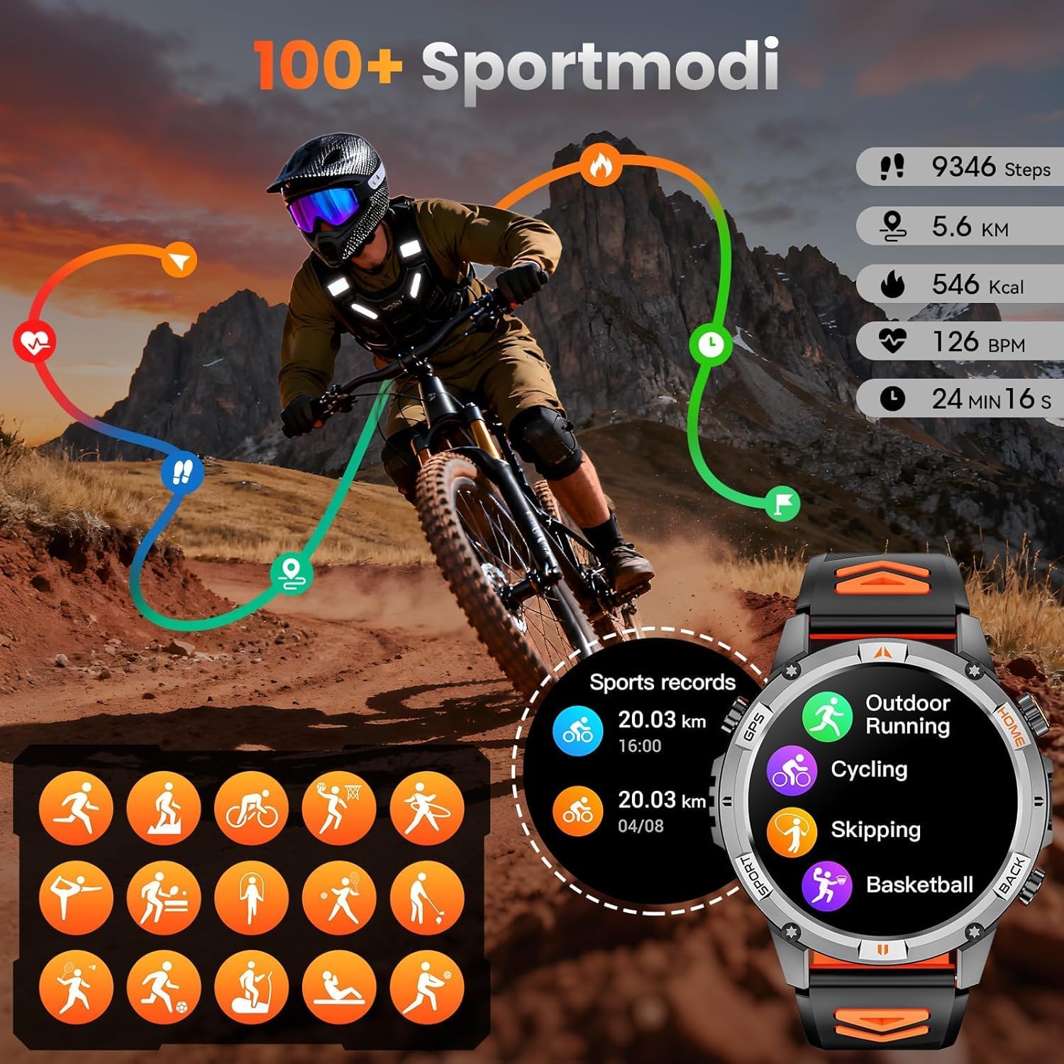 Detalle 2 de Joautrial Smartwatch Uomo Militare: GPS, Bussola e 100+ Modalità Sportive per Avventure All’Aperto