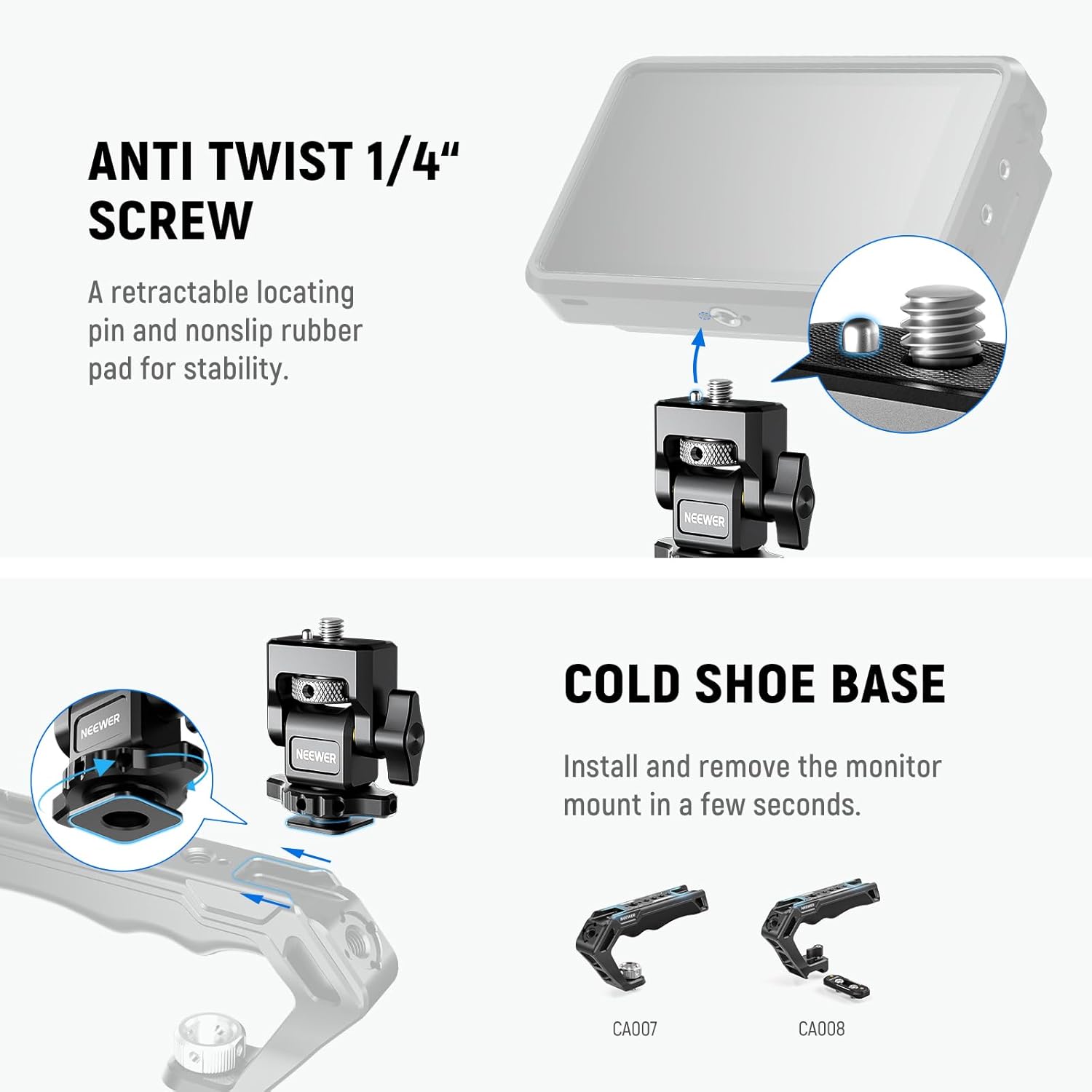 Detalle 2 de NEEWER Cold Shoe Camera Monitor Mount (MA006) for Atomos Ninja V and 5–7in field monitors