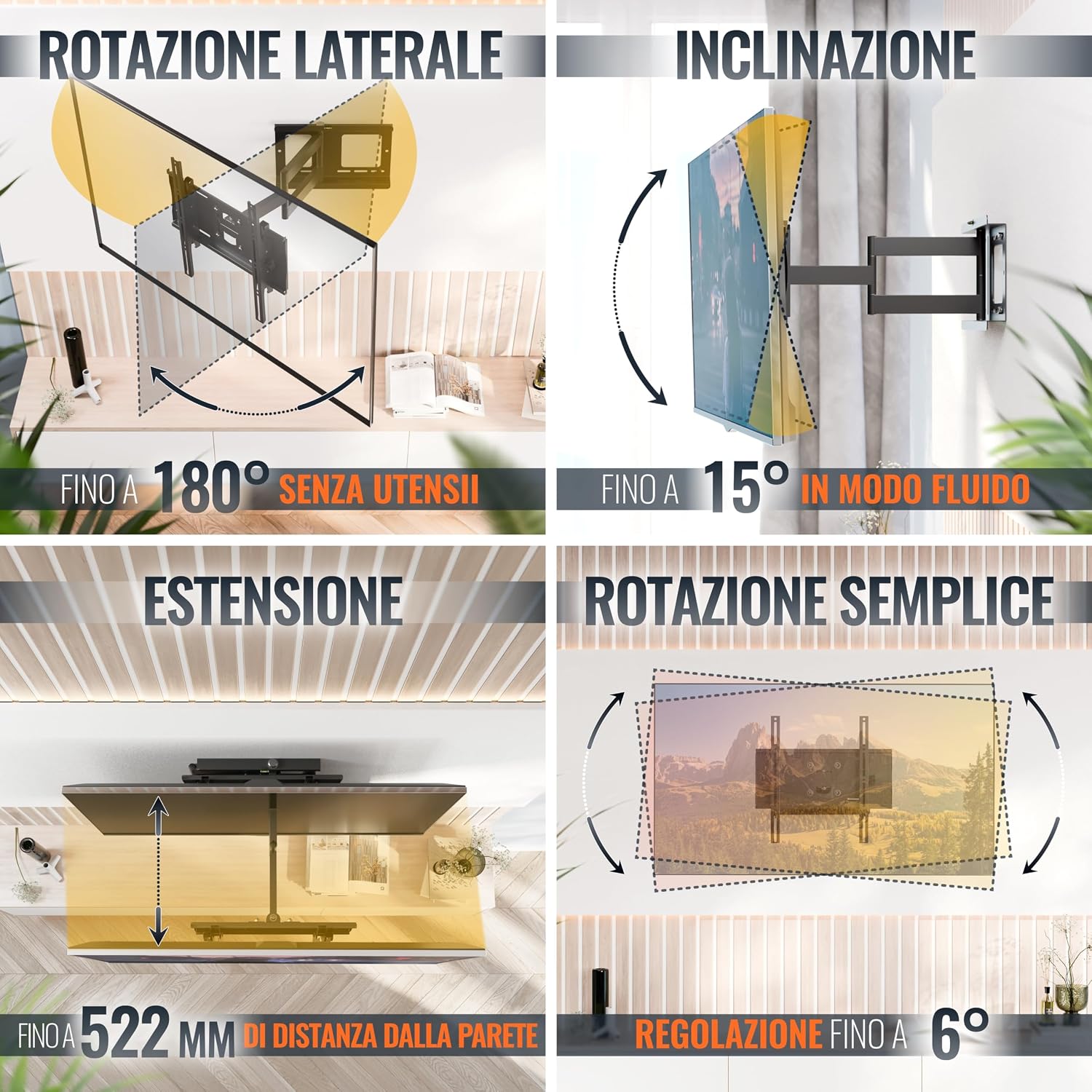Thumbnail 2 de RICOO R23-F Staffa TV da parete per TV 40–75 pollici, girevole e inclinabile