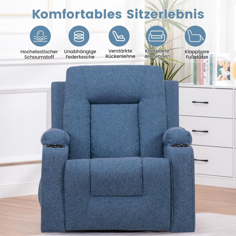 Detalle de Sillón Relax de Tela para Salón con Respaldo Ajustable Manual y Reposapiés Extraíble – gtplayer, Azul