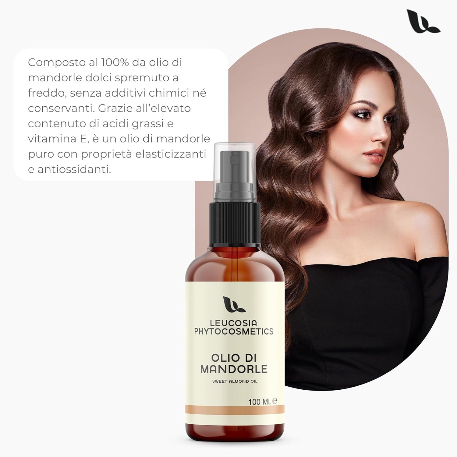 Detalle de Olio di Mandorle Dolci Leucosia 100% puro – Multiuso per corpo, viso e capelli (100 ml)