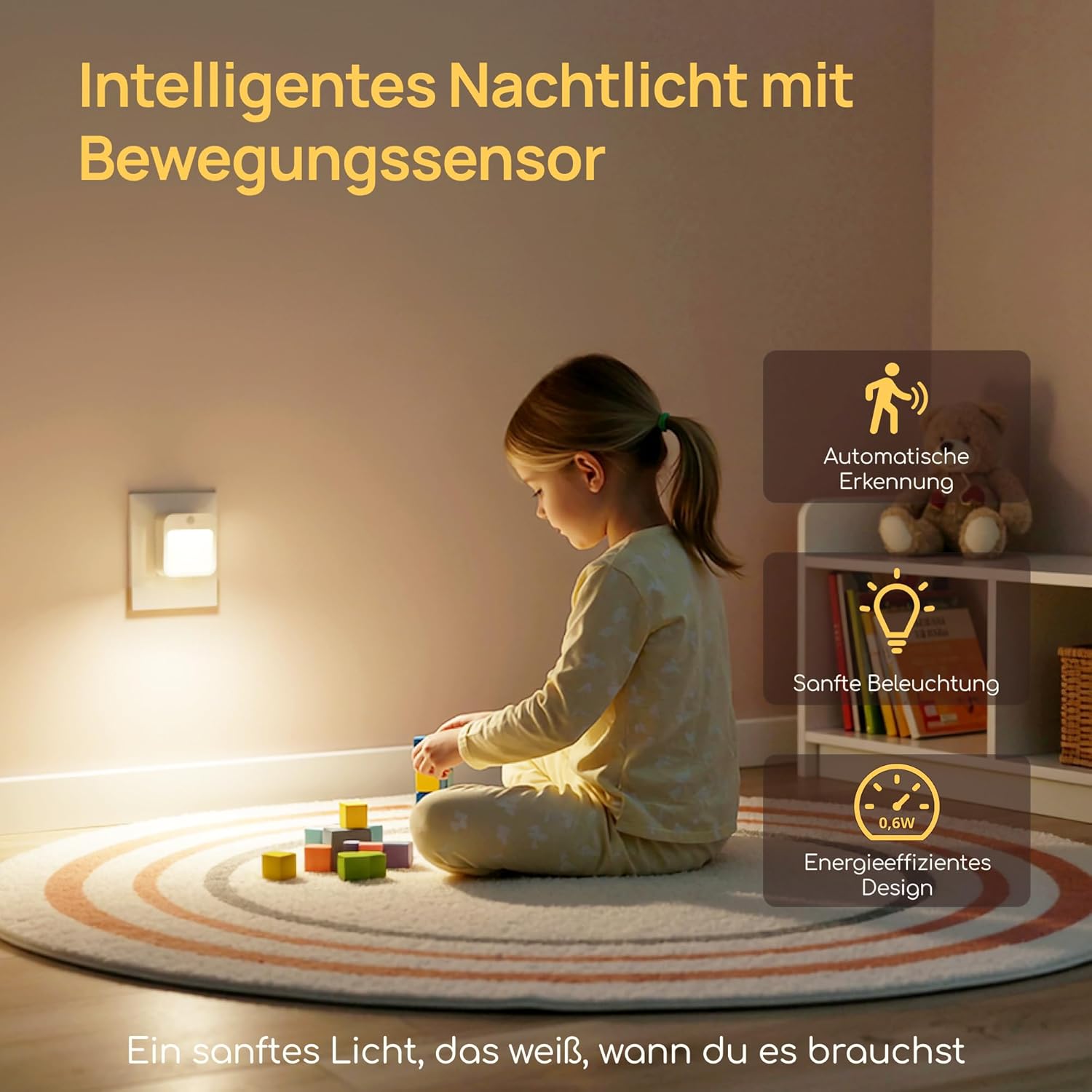 Thumbnail 1 de Nachtlicht Steckdosen mit Bewegungsmelder – 2er-Set, warmweißes Licht, dimmbar, automatischer Auto-Modus