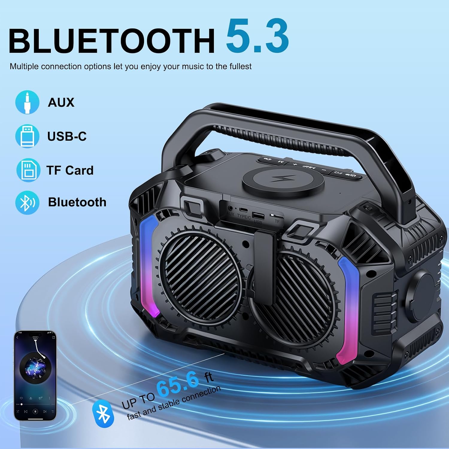 Detalle de OMUCA 100W Bluetooth Portable Speaker (IPX7, Floatable, RGB Light, 20H) – Black
