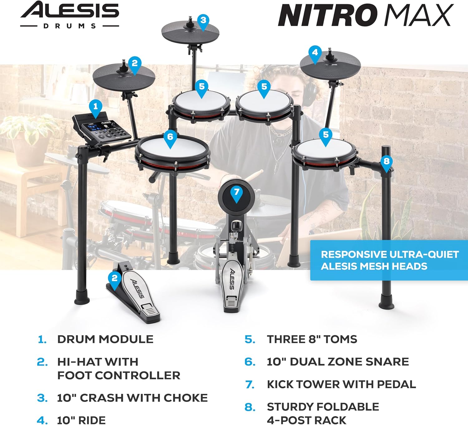 Detalle de Alesis Nitro Max Kit Compact Electric Drum Kit with Quiet Mesh Pads