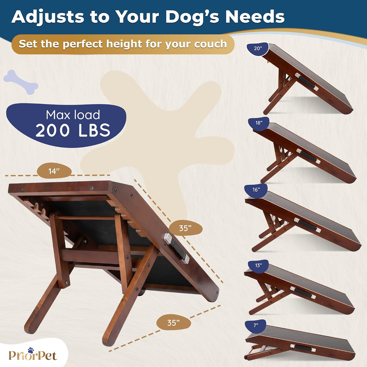 Detalle de PRIORPET Birchwood Foldable Dog Ramp for Couch (Walnut) – Adjustable 7"–20", Anti-Slip Landing Deck