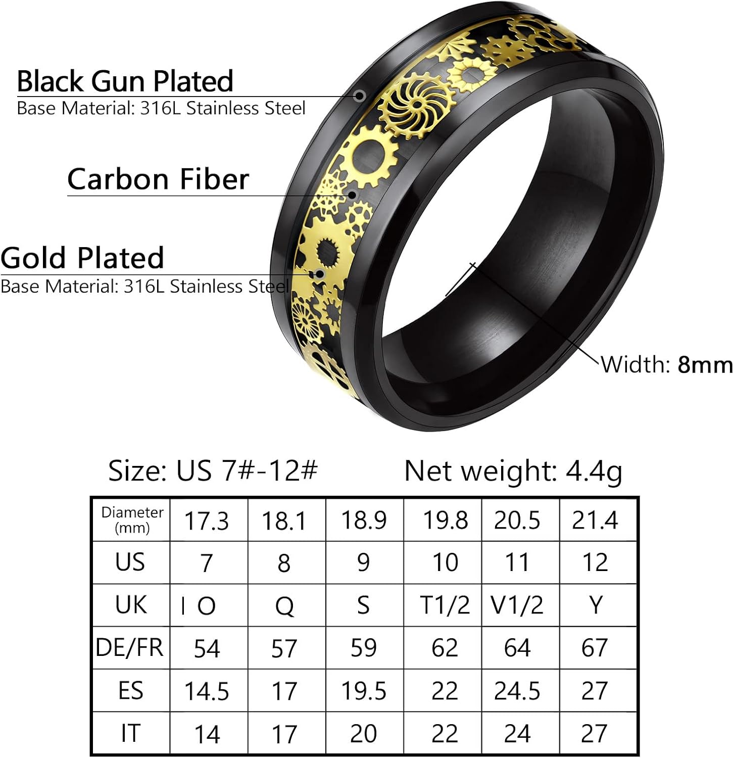 Thumbnail 5 de PROSTEEL Bague Homme 8mm Fibre de Carbone