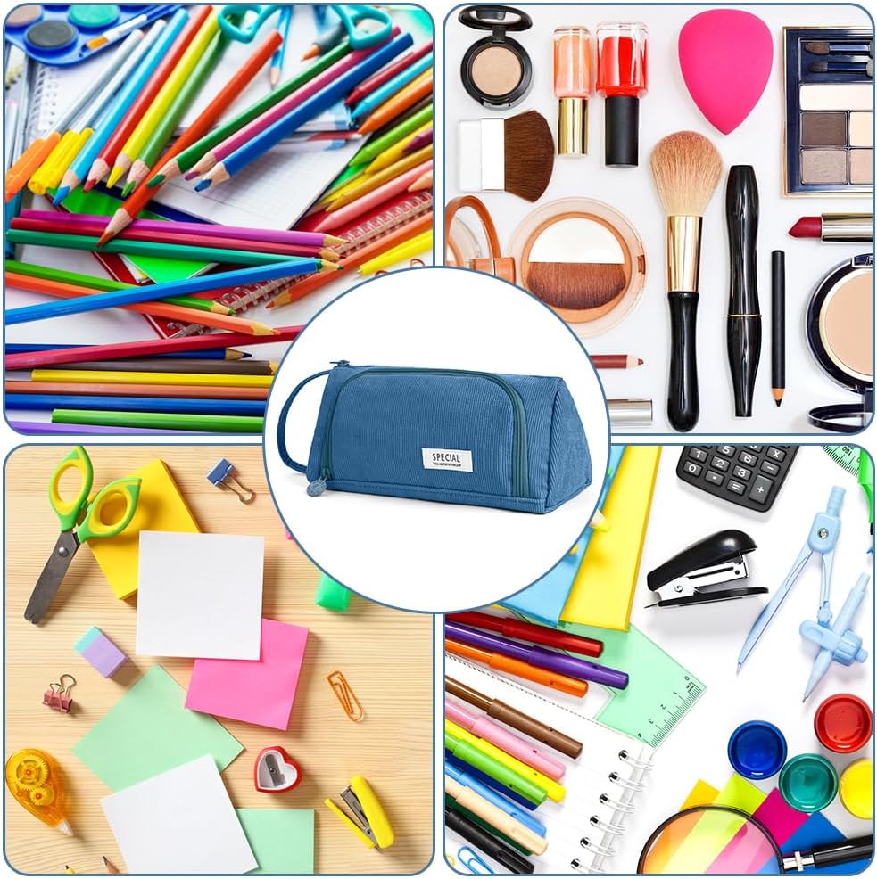Thumbnail 6 de Trousse de papeterie APXEL grande en velours côtelé, trousse à crayons zippée (bleu marine)