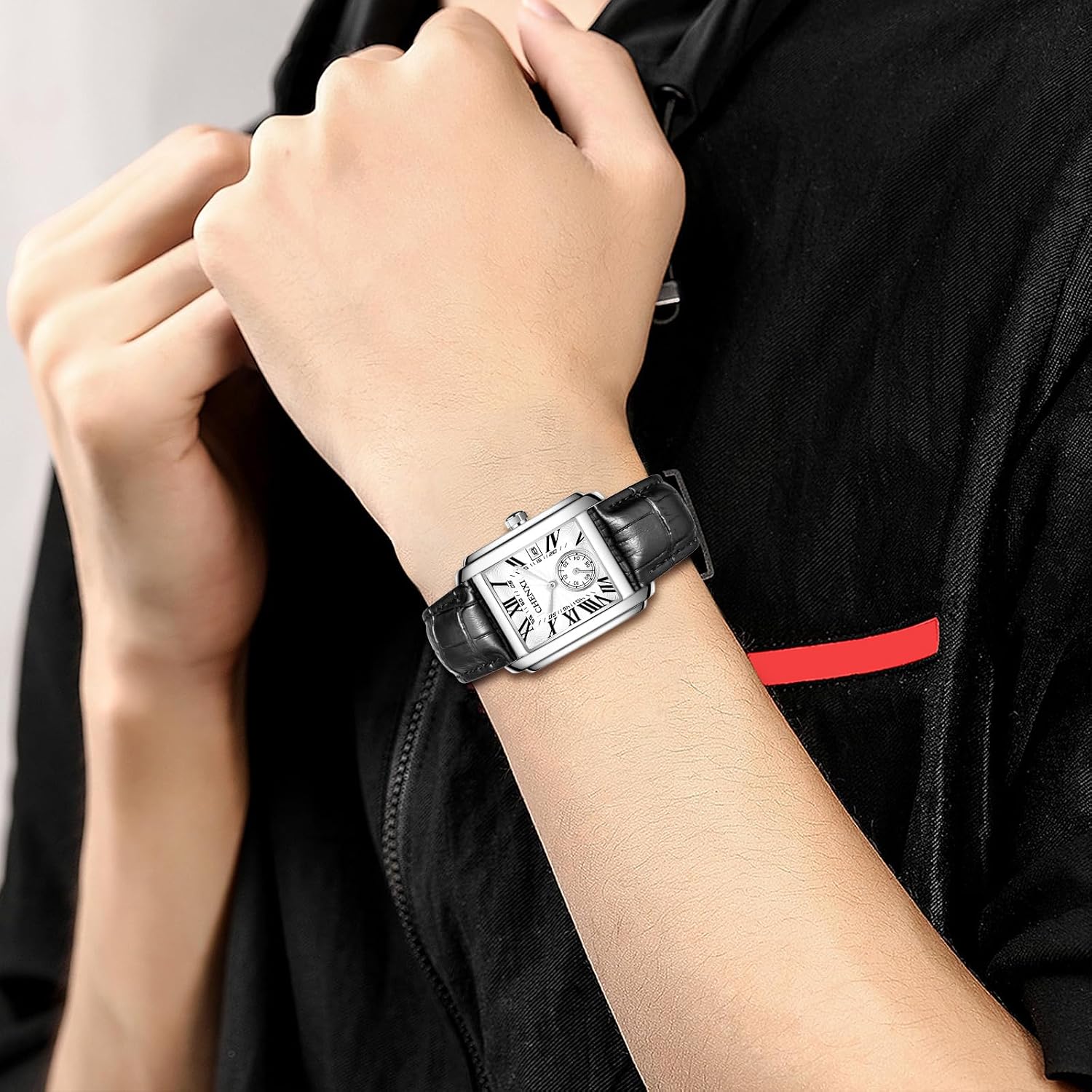 Detalle 2 de JewelryWe Herren Uhr Analog Quarz Kalender – Rechteckiges Design, Lederarmband