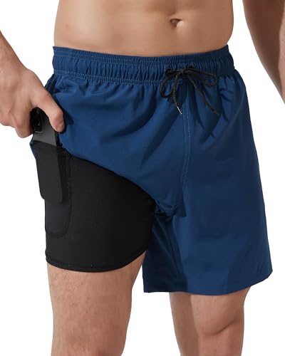 Detalle de Arcweg Men's 2-in-1 Swim Trunks with Compression Liner and Zipper Pockets (Blue, UK XL)
