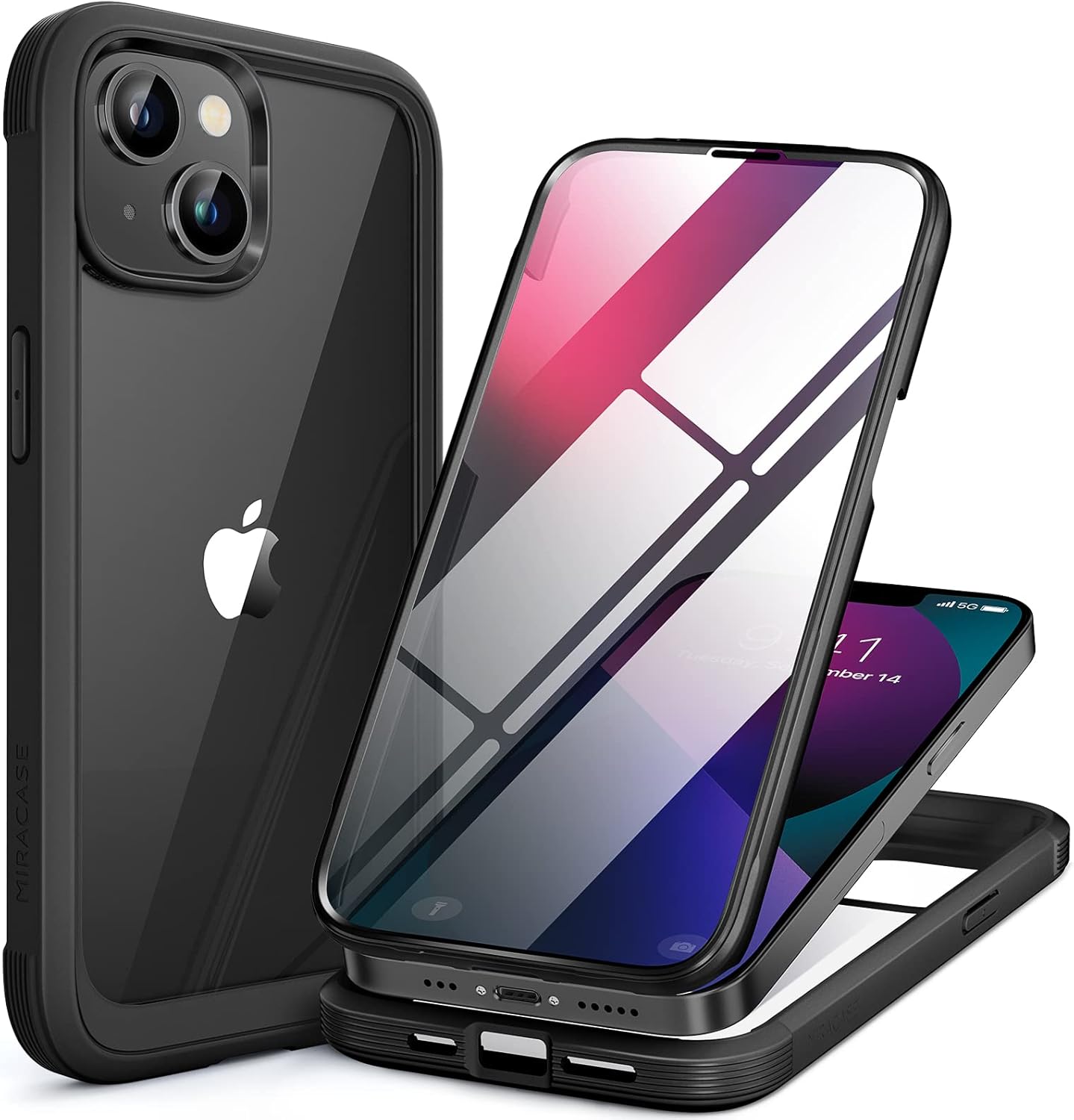 Detalle de Miracase iPhone 13 6.1" case with built-in 9H glass screen protector (clear back, black bumper)