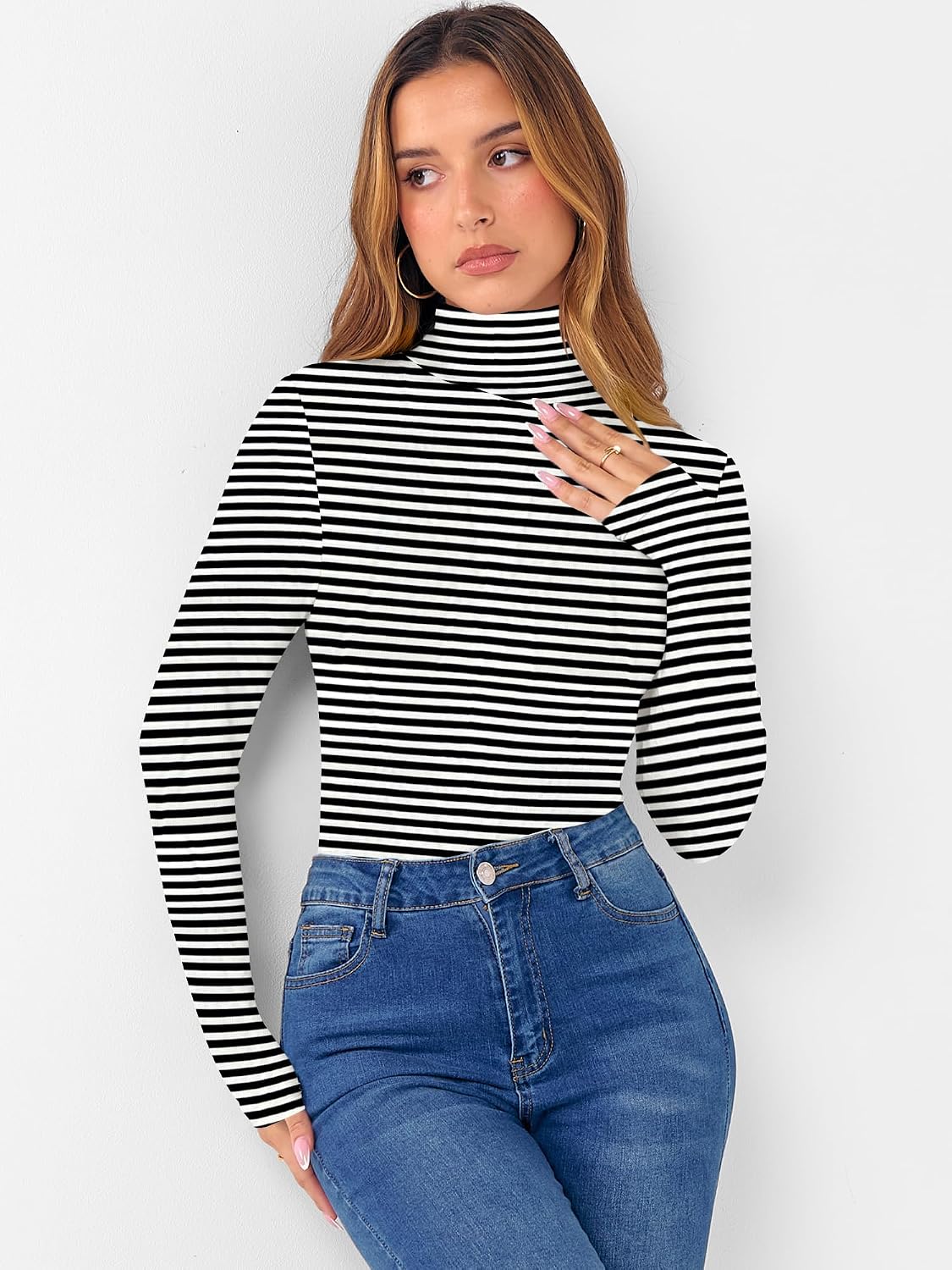 Detalle 2 de DUOEASE Rollkragenpullover Damen Basic – langärmeliges Longsleeve mit Rollkragen für Herbst & Winter