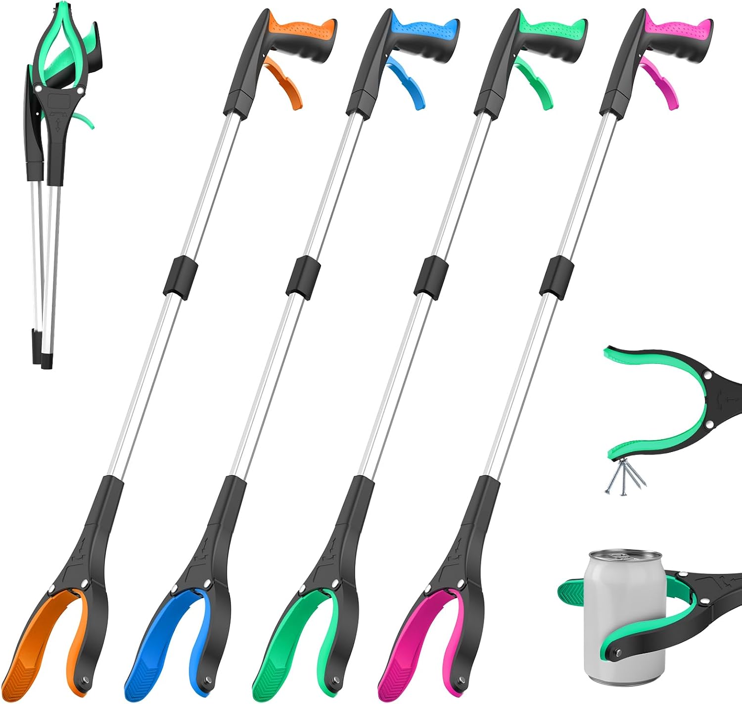 Detalle de rewkcy 4 Pack Litter Pickers Grabber Stick, 32in Heavy-Duty Reach with 360° Rotating Jaw and Magnetic Tip