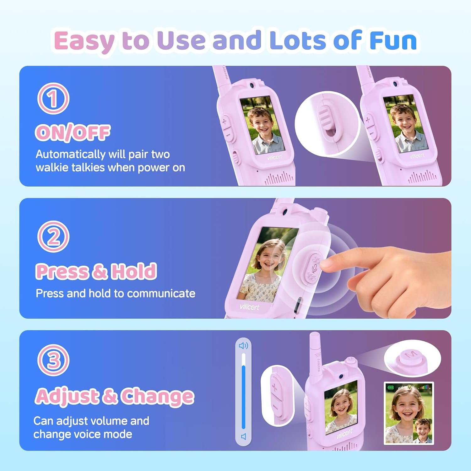 Detalle 2 de vilicert Kids Video Walkie Talkies with Voice Changer, 11 Channels, Purple