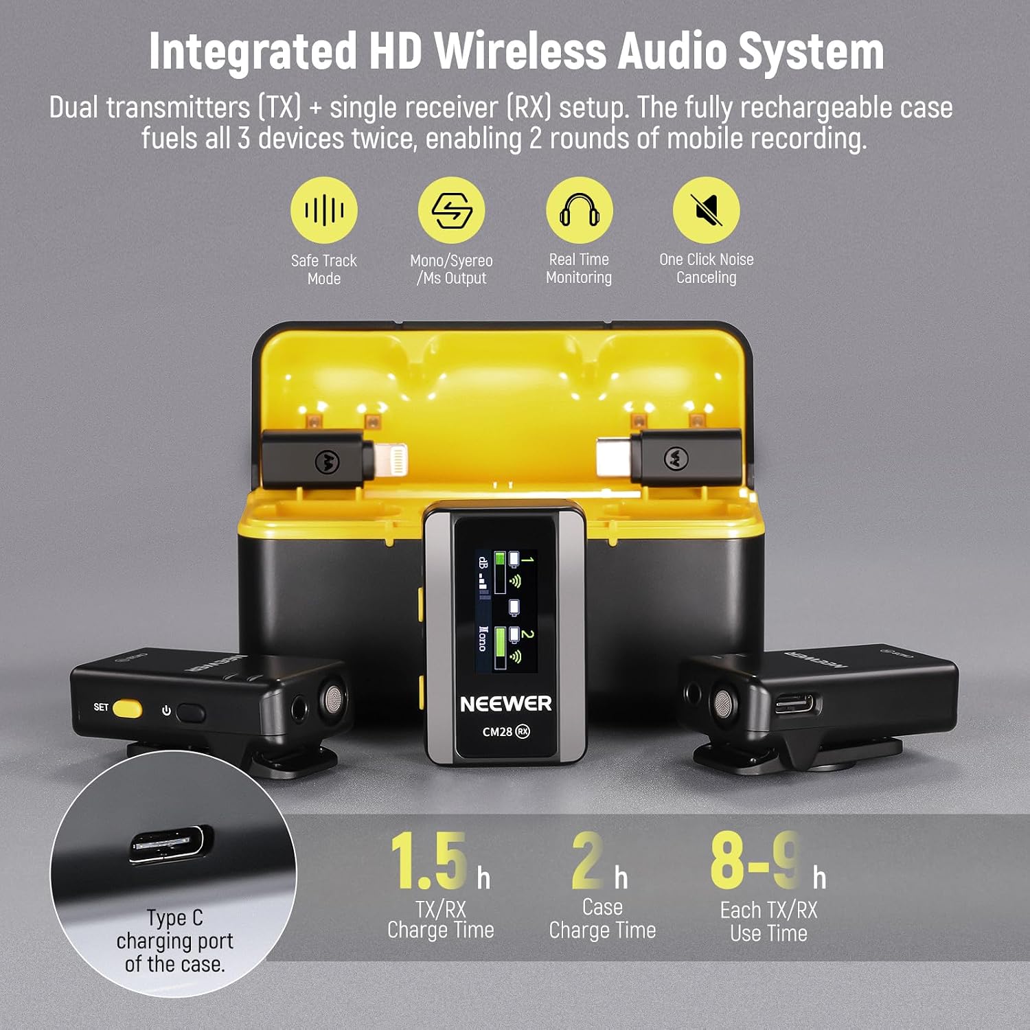 Detalle 2 de NEEWER CM28 Wireless Lavalier Microphone with Dual Transmitters and 4GB Recording