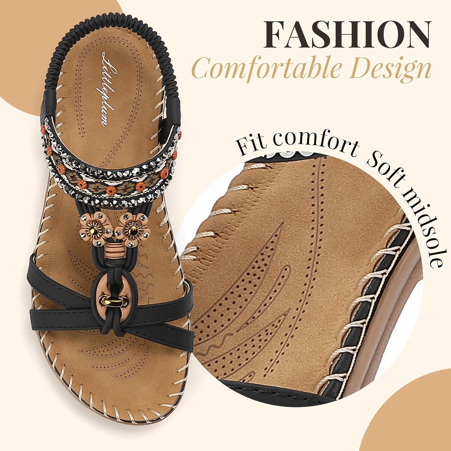 Thumbnail 4 de Littleplum Sandalen Damen Freizeit Flach Sandalette mit Strass Perlen – Boho-Charme trifft Tragekomfort