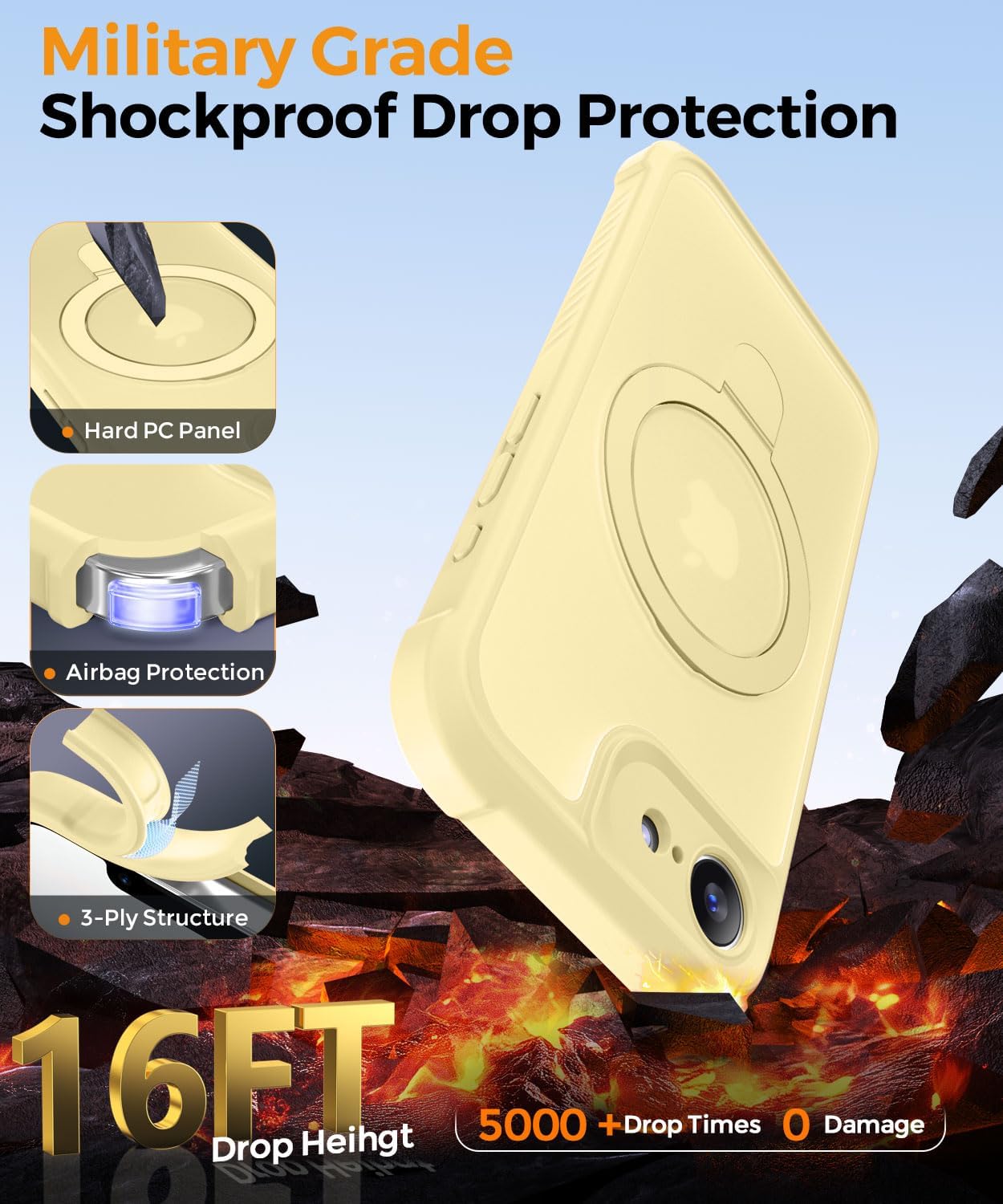Detalle de MOCCA Magnetic Invisible Stand Case for iPhone 17e & iPhone 16e (Creamy Yellow) with Military-Drop Protection