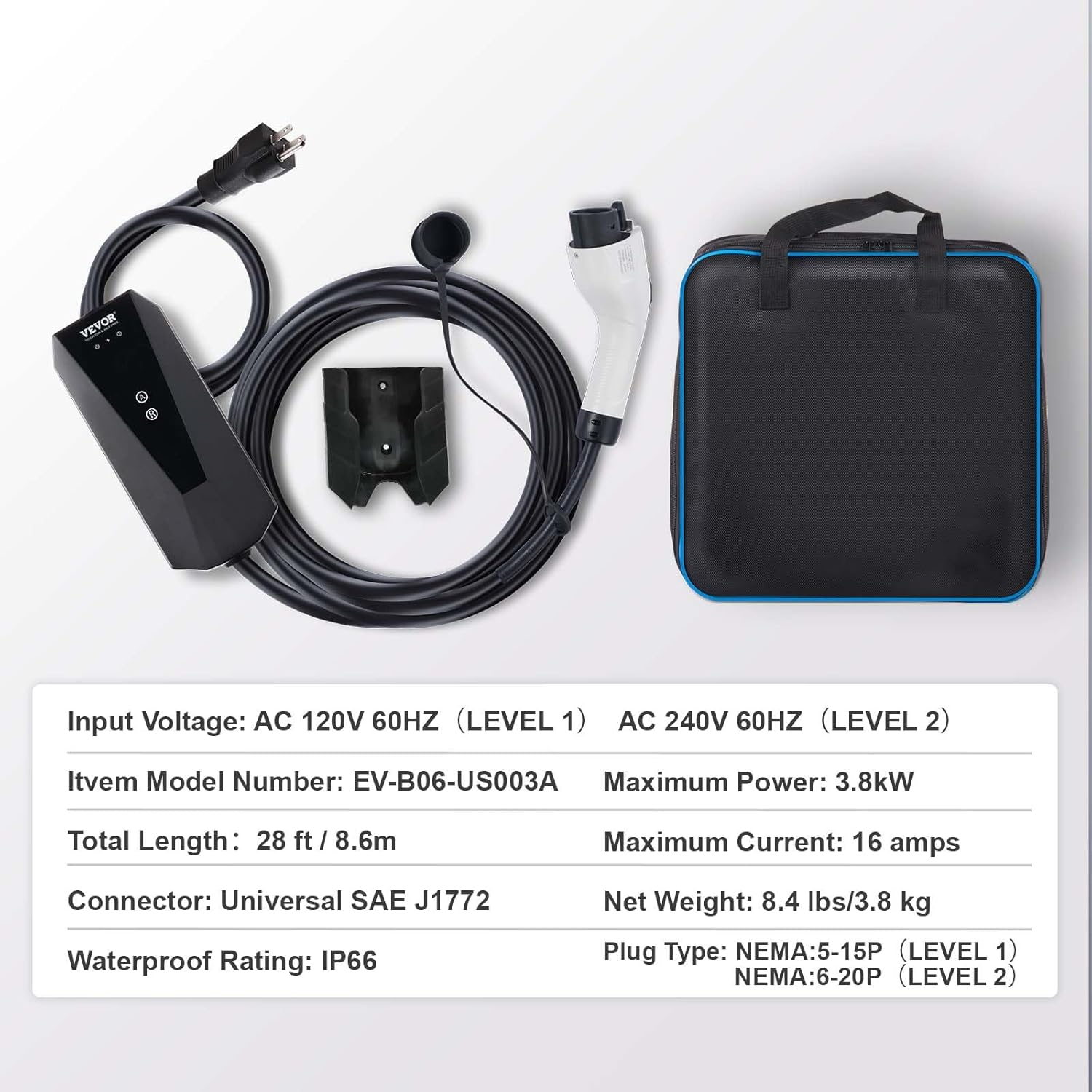 Thumbnail 6 de VEVOR Level 1+2 Portable EV Charger (16A) with 28-Foot Cable for 120V/240V Outlets