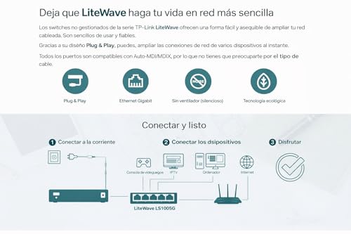 Detalle de TP-Link LS1005G: Switch Gigabit de 5 Puertos, Plug & Play, sin ventilador