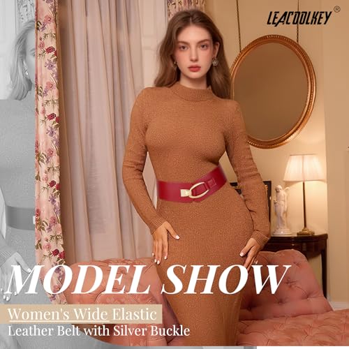 Detalle de LEACOOLKEY Damen breiter elastischer Gürtel – Vintage-Style mit goldener Schnalle
