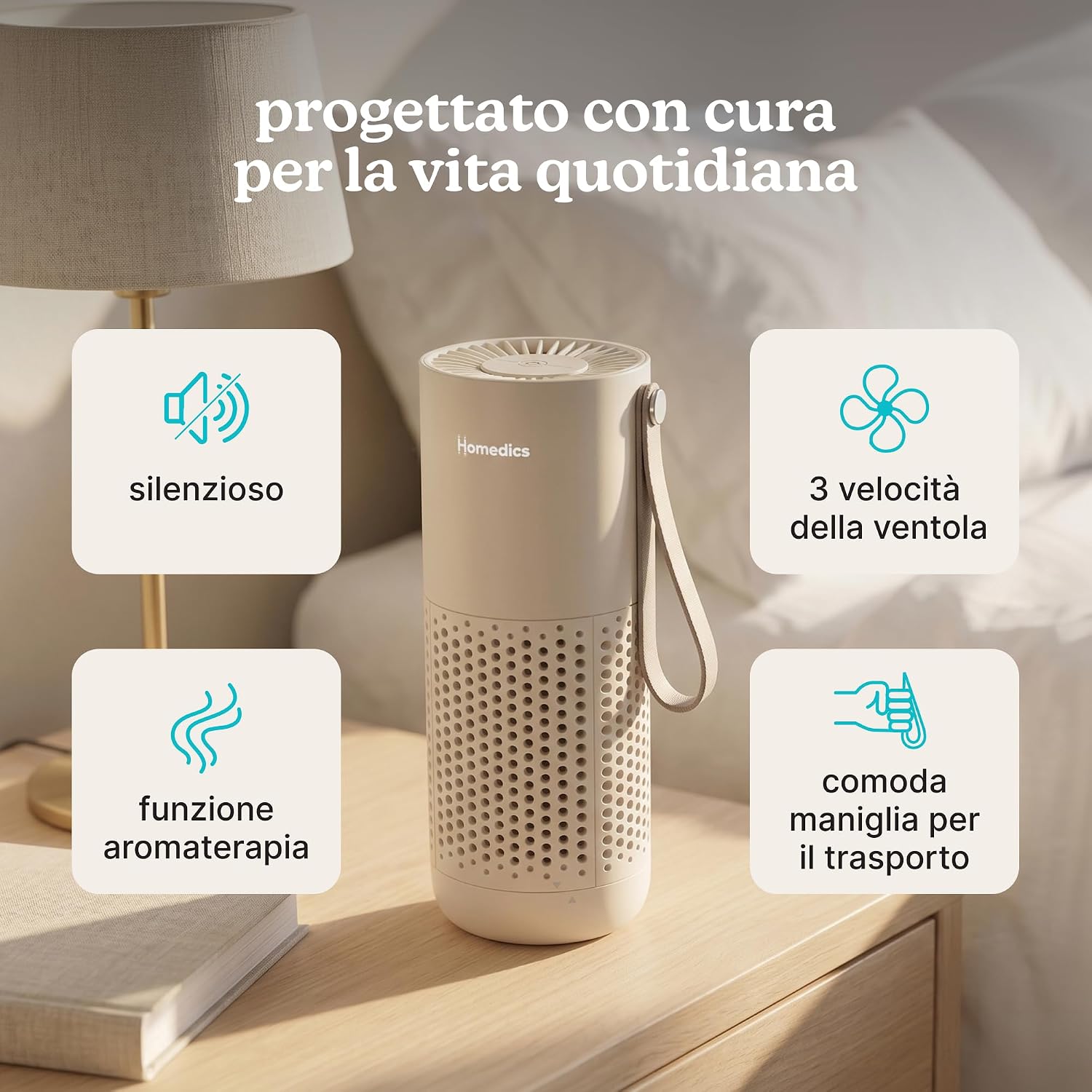 Detalle de Homedics WhisperPure Mini Purificatore d'Aria 3-in-1 HEPA, USB-C, Beige