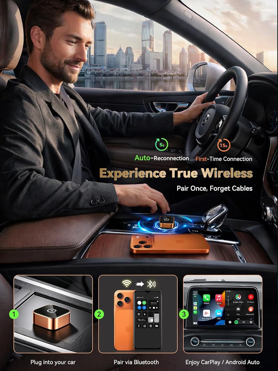 Detalle 2 de Spedal 2026 Wireless CarPlay & Android Auto Adapter 2-in-1 – kabellos, mit WiFi 6 (Orange)