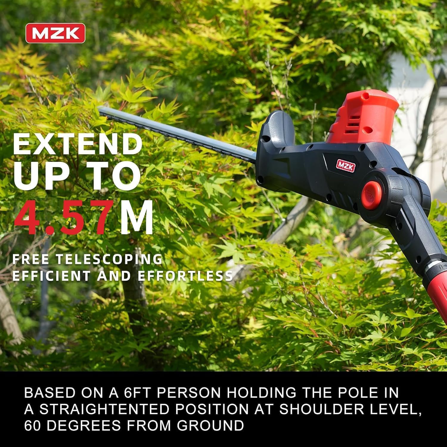 Thumbnail 2 de MZK 20V MAX 57cm Cordless Pole Hedge Trimmer Attachment with 2.4m Reach and Extension Pole
