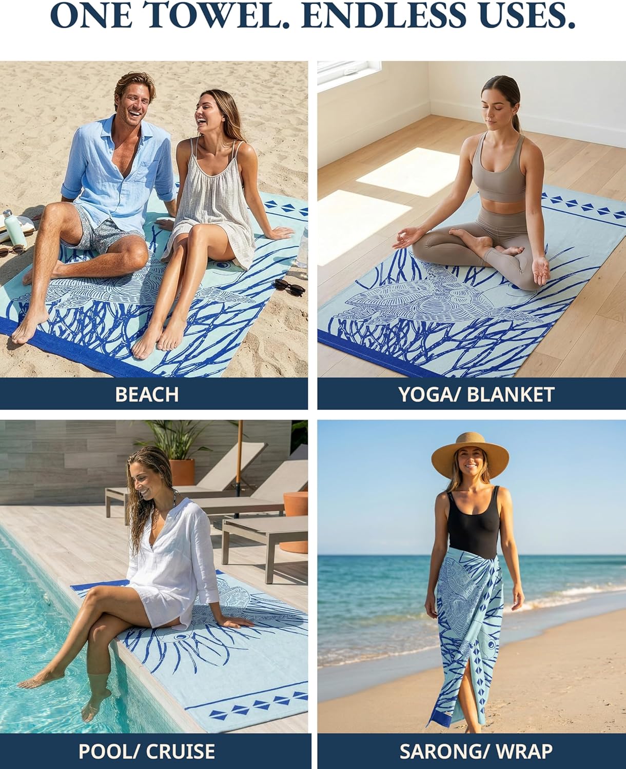 Detalle de Lane Linen Turkish Beach Towels Set of 6: Cotton‑Rich Oversized Sand‑Free Towels (39x71 inches) – Aqua