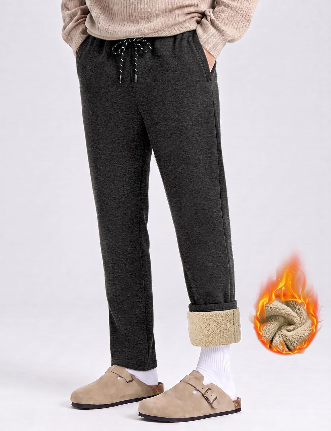 Detalle de TACVASEN Men's Sherpa-Lined Fleece Sweatpants, Drawstring Waist, Open Bottom