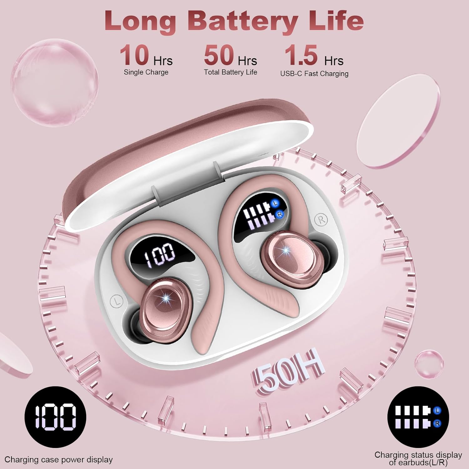 Thumbnail 5 de Hupoaf Wireless Headphones Sport: 2026 Bluetooth 5.4 Earbuds with Deep Bass, IP-X7, 50+ Hours
