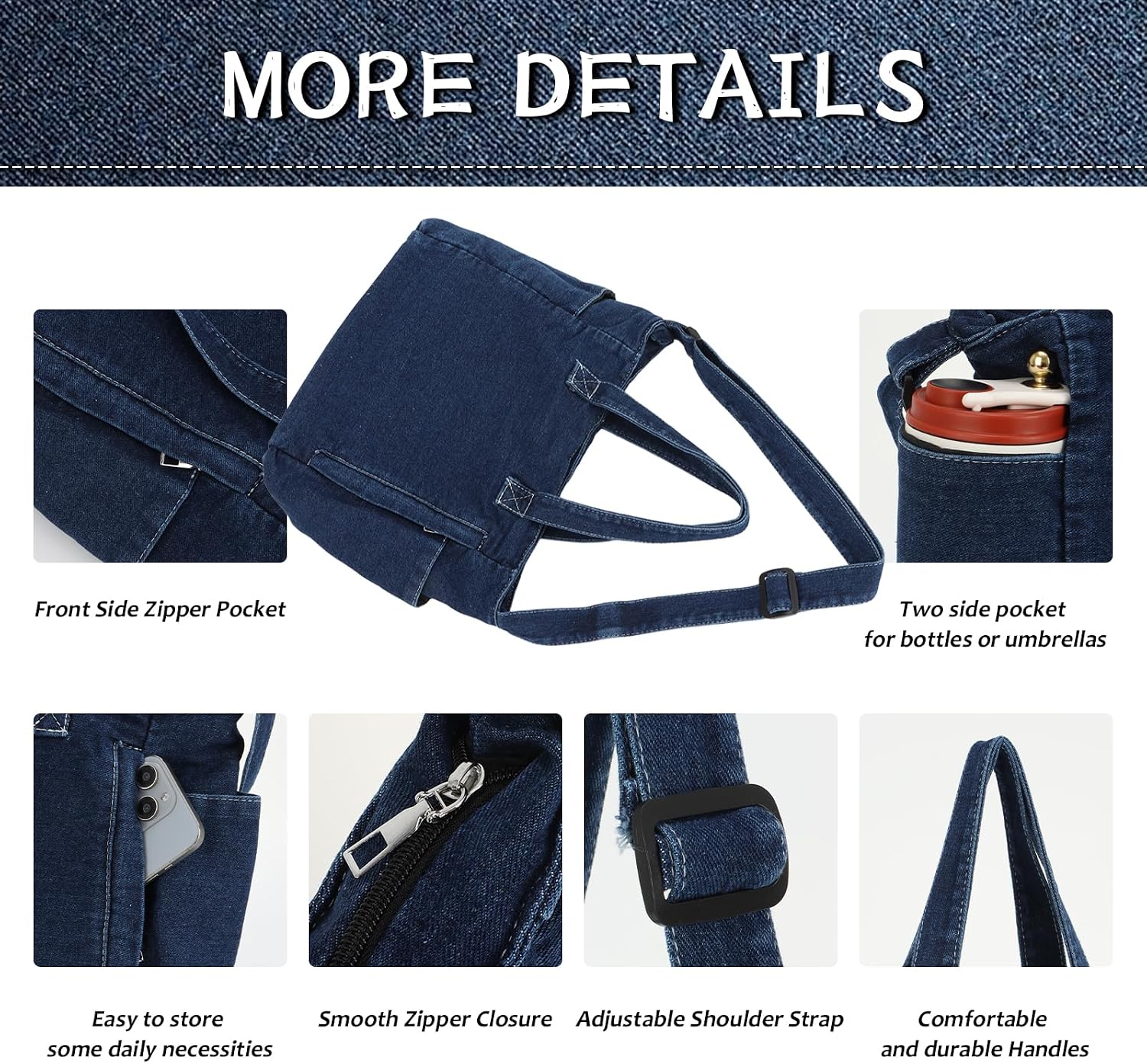 Detalle de Jywmsc Denim-Tragetasche für Damen – Große Canvas-Handtasche mit Reißverschluss