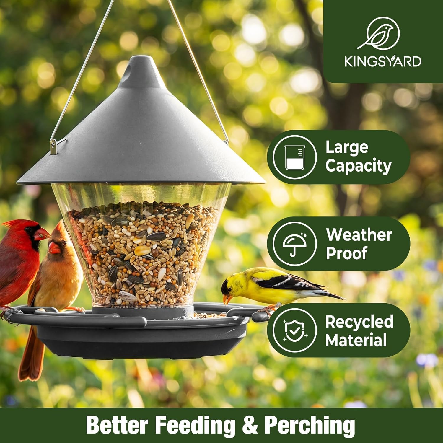 Detalle 2 de Kingsyard Bird Feeder for Outdoors Hanging, 3 lb Large Capacity, No-Spill Tray & Built-in Perch (Grey)