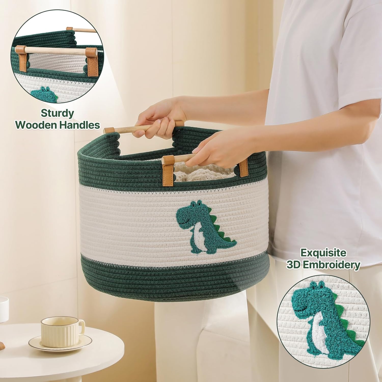 Thumbnail 3 de Large Blanket Basket 35L Cotton Rope Basket with Wooden Handles by Tidelit