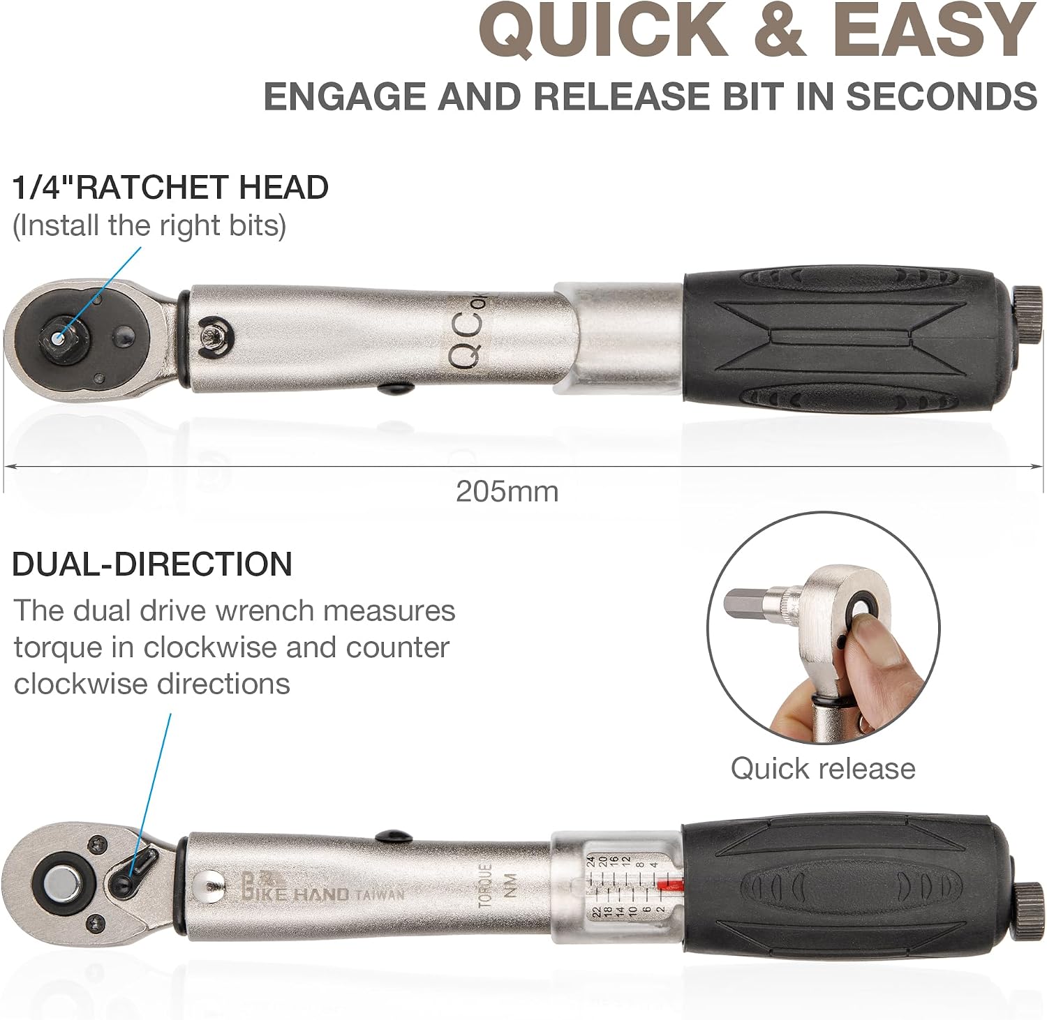 Detalle de Bike Hand YC-617-2ST – klucz dynamometryczny 1/4 cala, 2–24 Nm z bitami