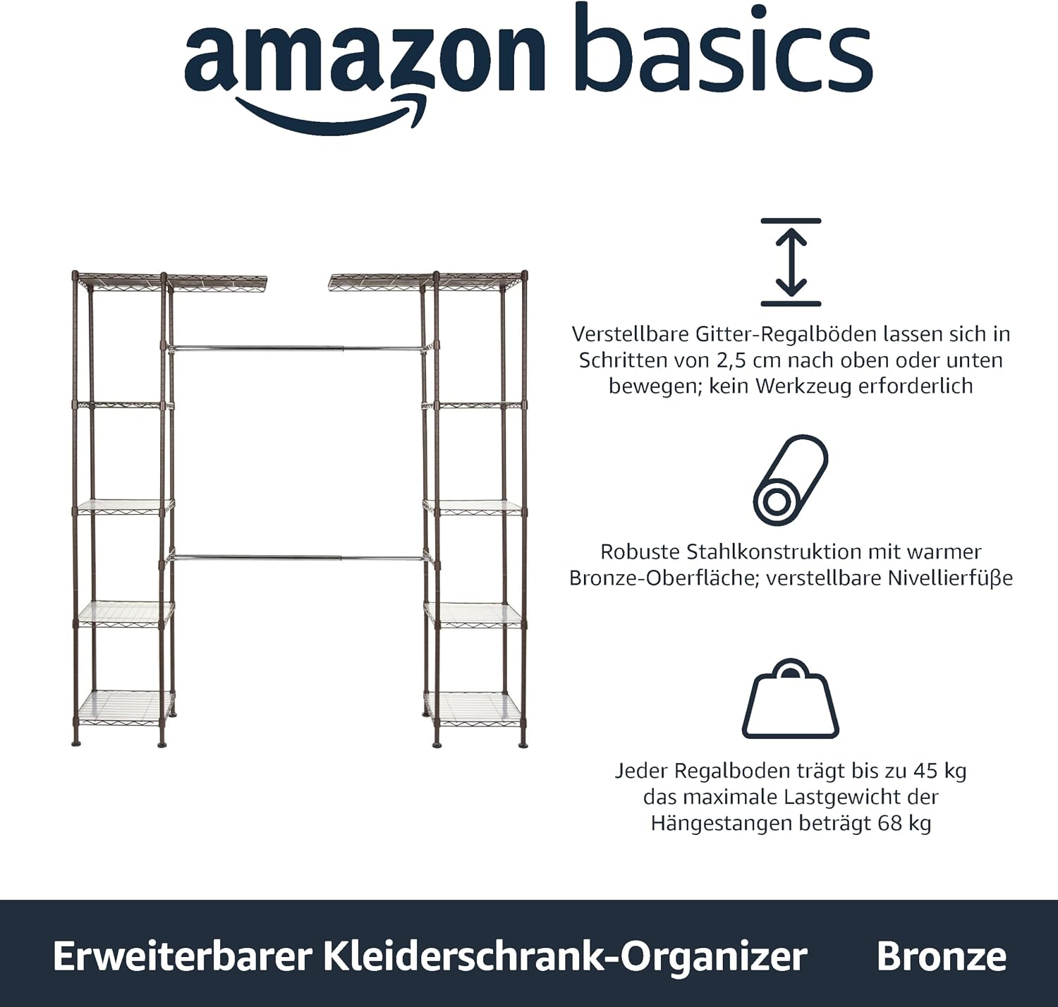 Thumbnail 3 de Amazon Basics Ausziehbarer Offener Kleiderschrank mit 10 verstellbaren Einlegeböden – Bronze