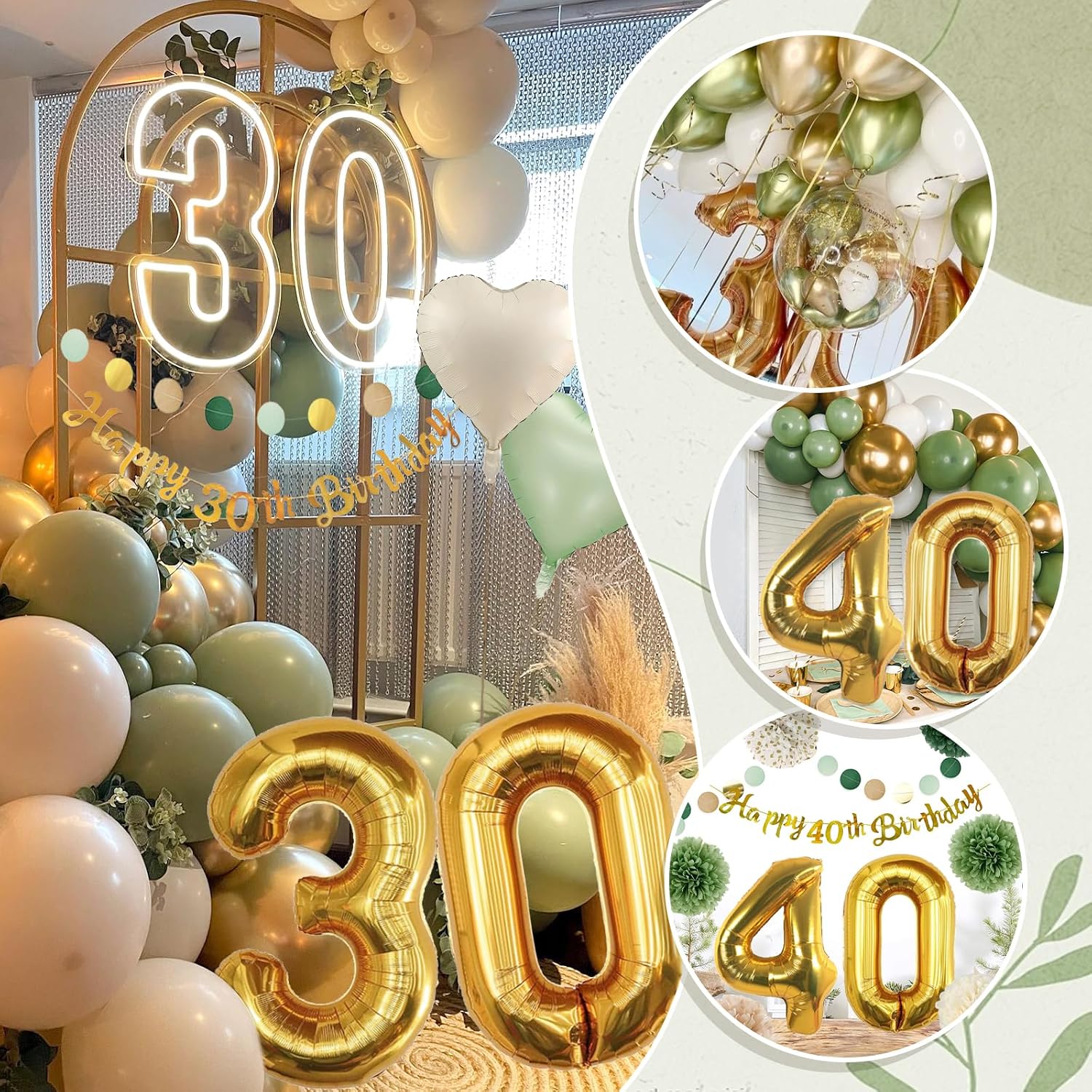 Thumbnail 5 de 30th Birthday Green & Gold Balloon Decoration Set for Women & Men