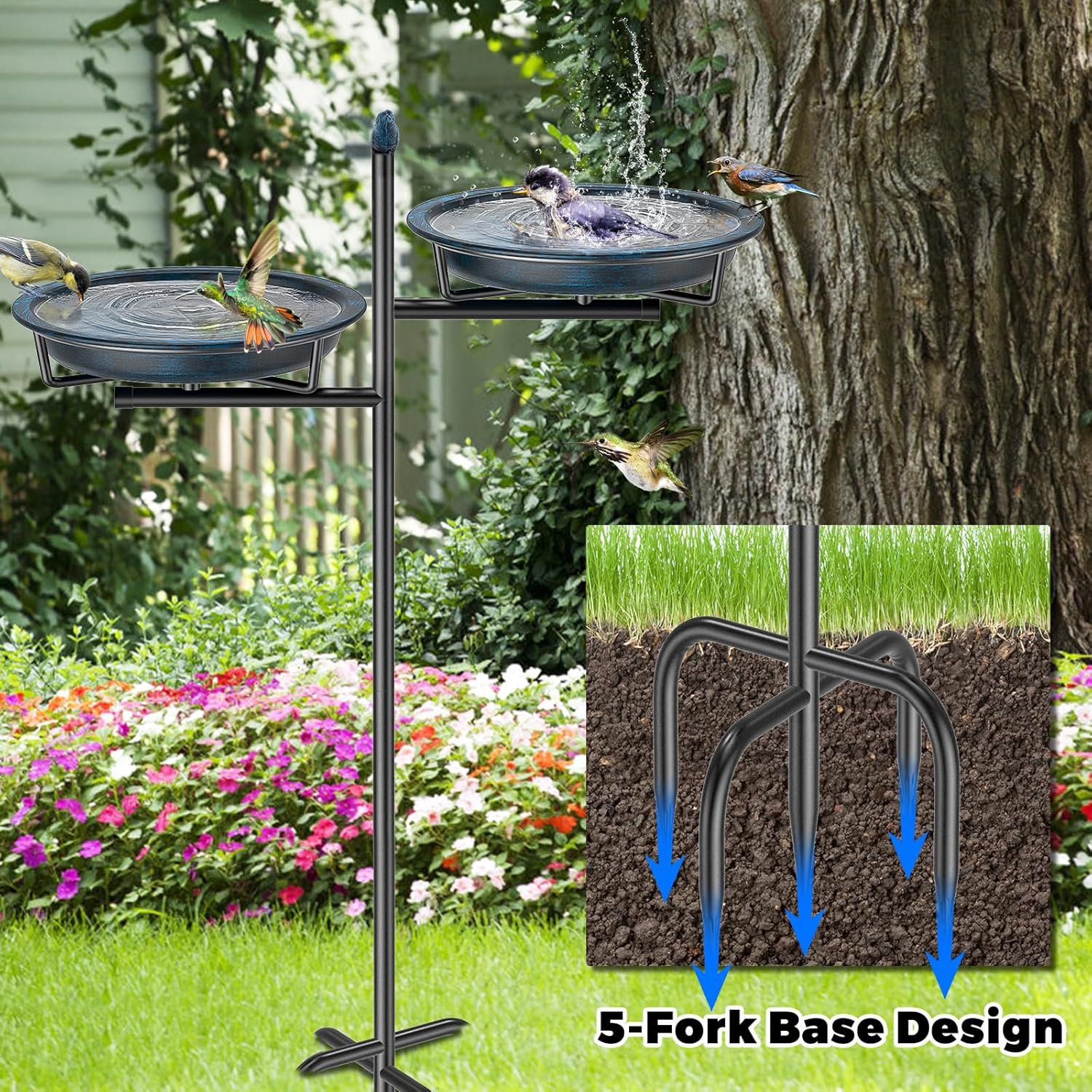 Thumbnail 2 de VeyFolzin.st Vogeltränke Vogelbad Schale Stehend – 2-in-1 Outdoor-Doppelbecken aus Metall (Altblau)