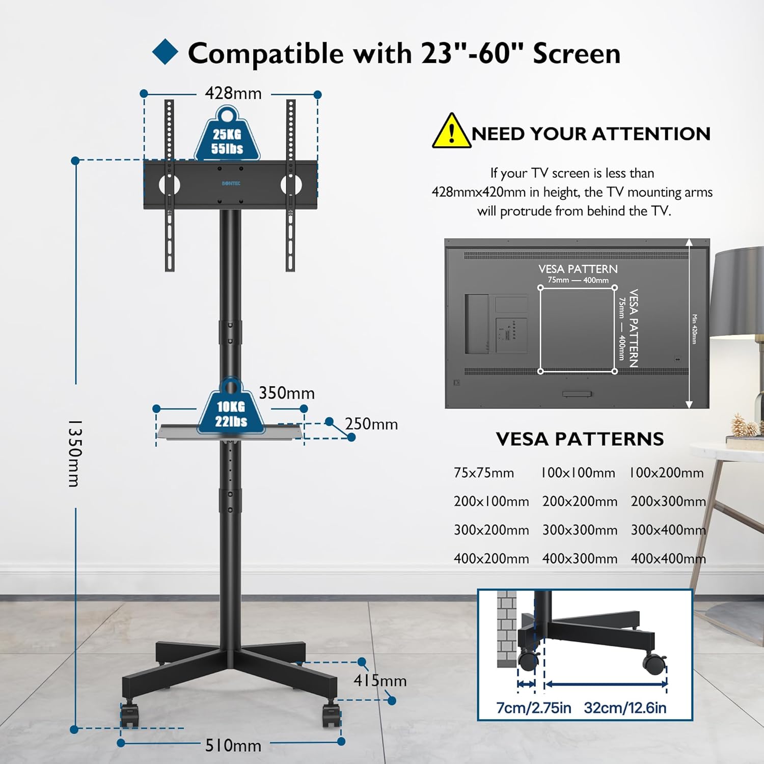 Thumbnail 4 de BONTEC TV Ständer Rollbar 23–60 Zoll Höhenverstellbar