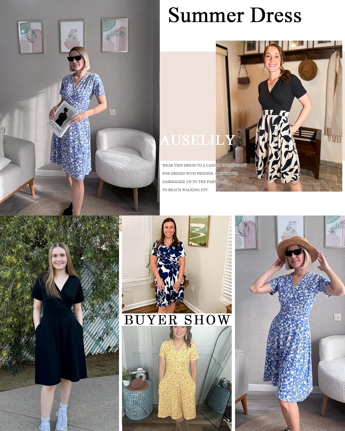 Detalle de AUSELILY Womens Summer Dresses 2026 Short Sleeve V Neck Floral Sundress with Pockets
