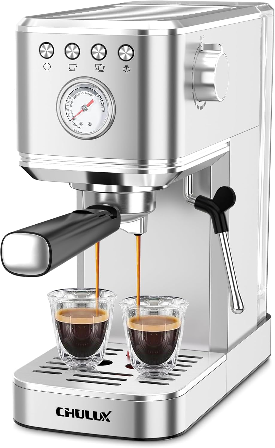Detalle de CHULUX Slim Espresso Machine with Milk Frother (20 Bar) — Stainless Steel, Compact Home Cappuccino & Latte Maker