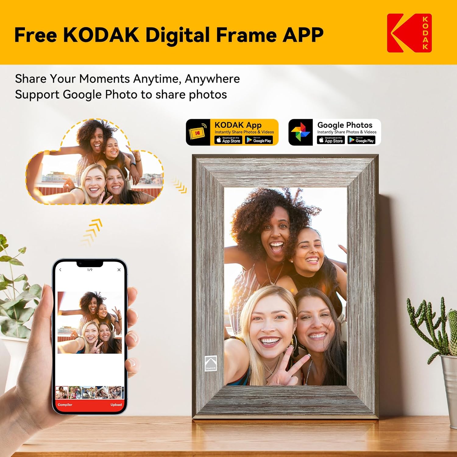 Detalle de KODAK Cadre Photo Numérique WiFi 10'' — Cadre Photo Bois avec Écran Tactile IPS, 32 Go, Partage via App