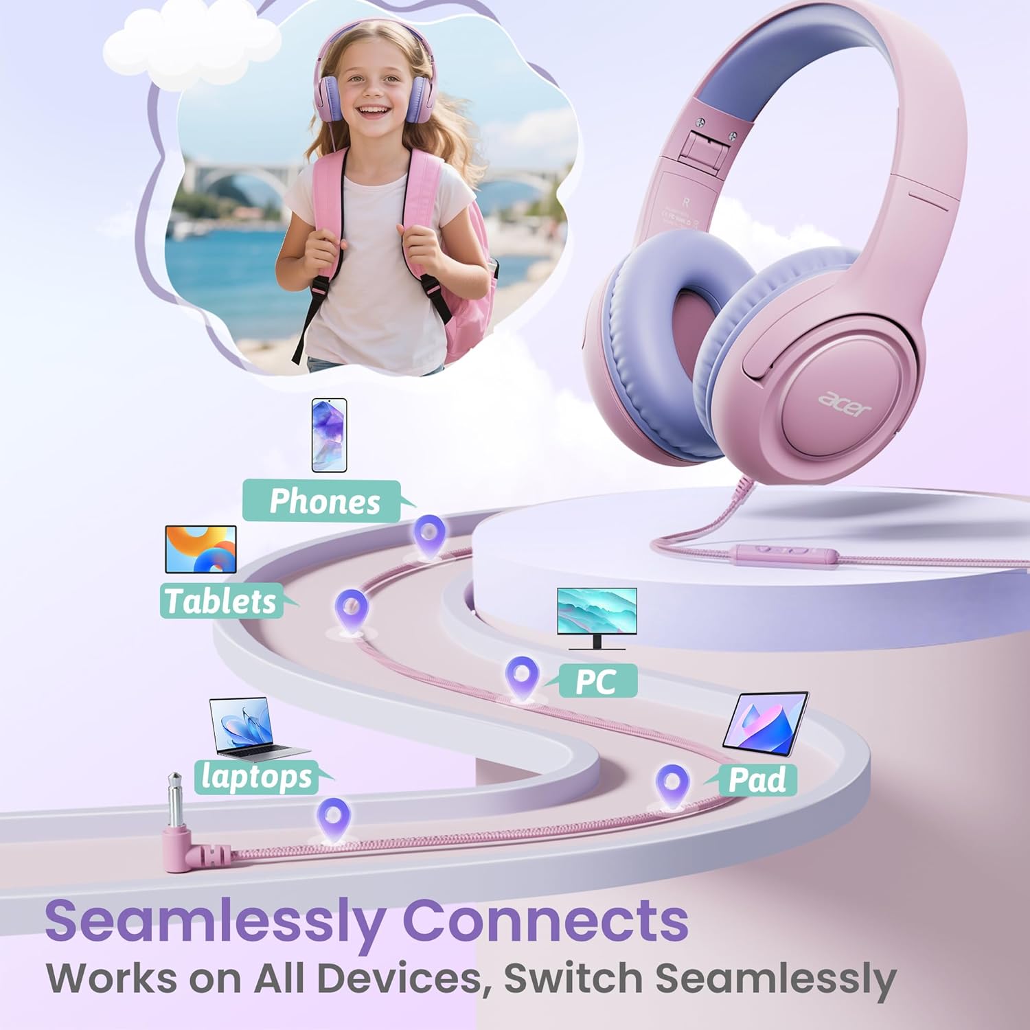 Detalle 1 de Acer acer-Hk03 Kids’ Wired Over-Ear Headphones, 85/94 dB Limiter