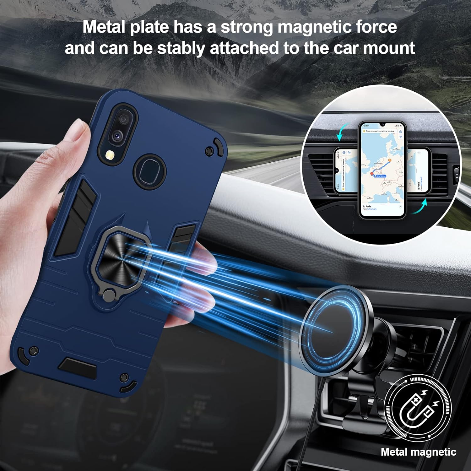 Thumbnail 2 de Btstring double-layer shockproof case for Samsung Galaxy A40 with screen protector and 360° metal ring stand (Blue)