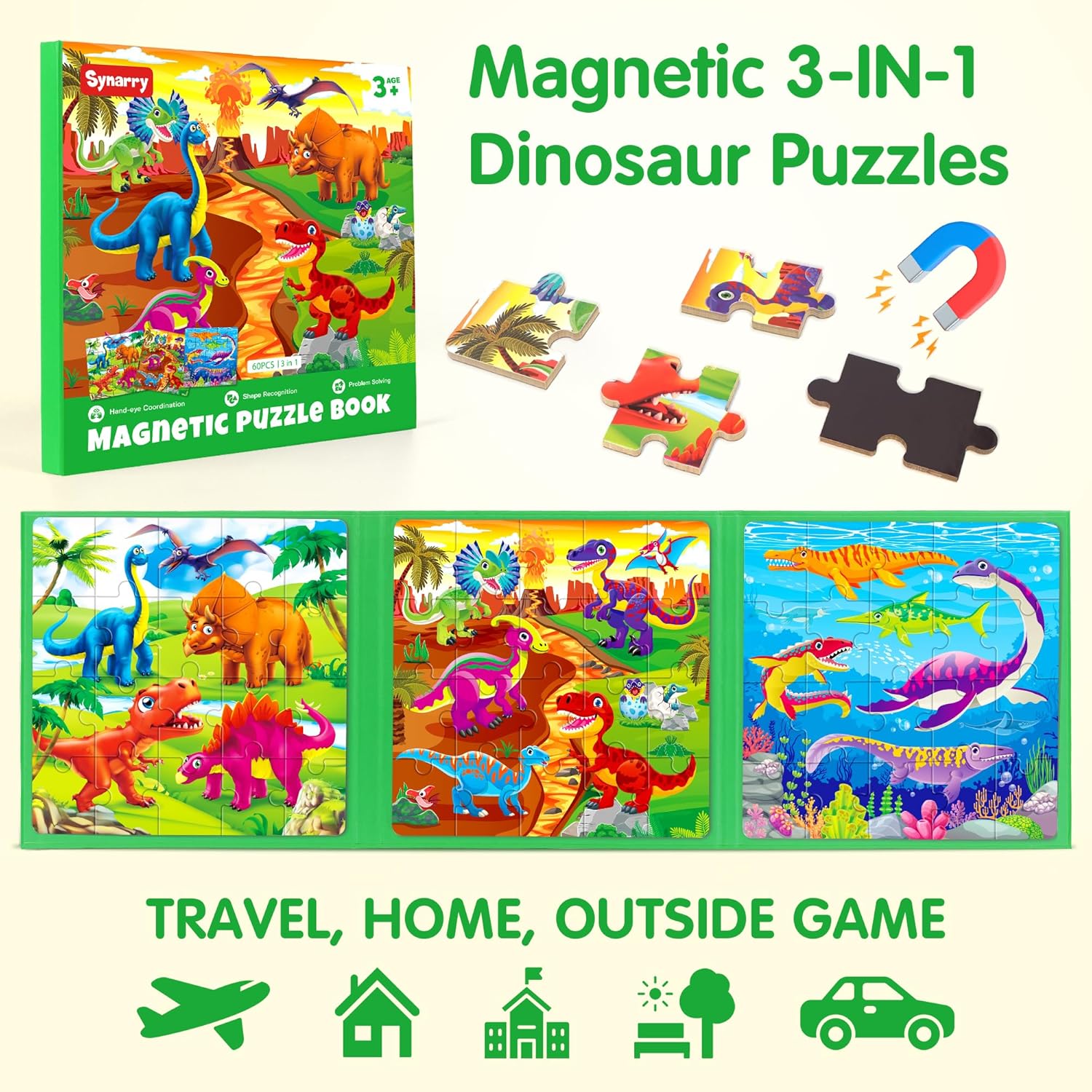 Detalle de SYNARRY Magnetic Dinosaur Puzzle, 20-Piece Foldable Travel Toy