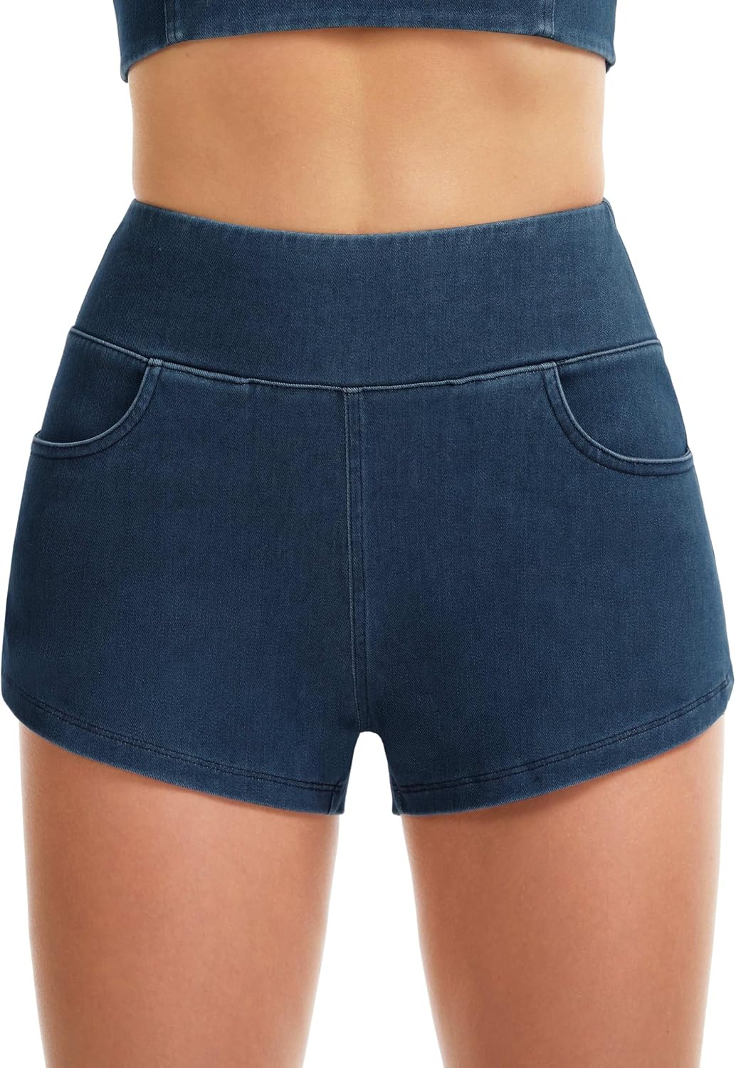 Detalle 2 de THE GYM PEOPLE Women's High-Waist Denim Shorts with Stretch and Side Slits