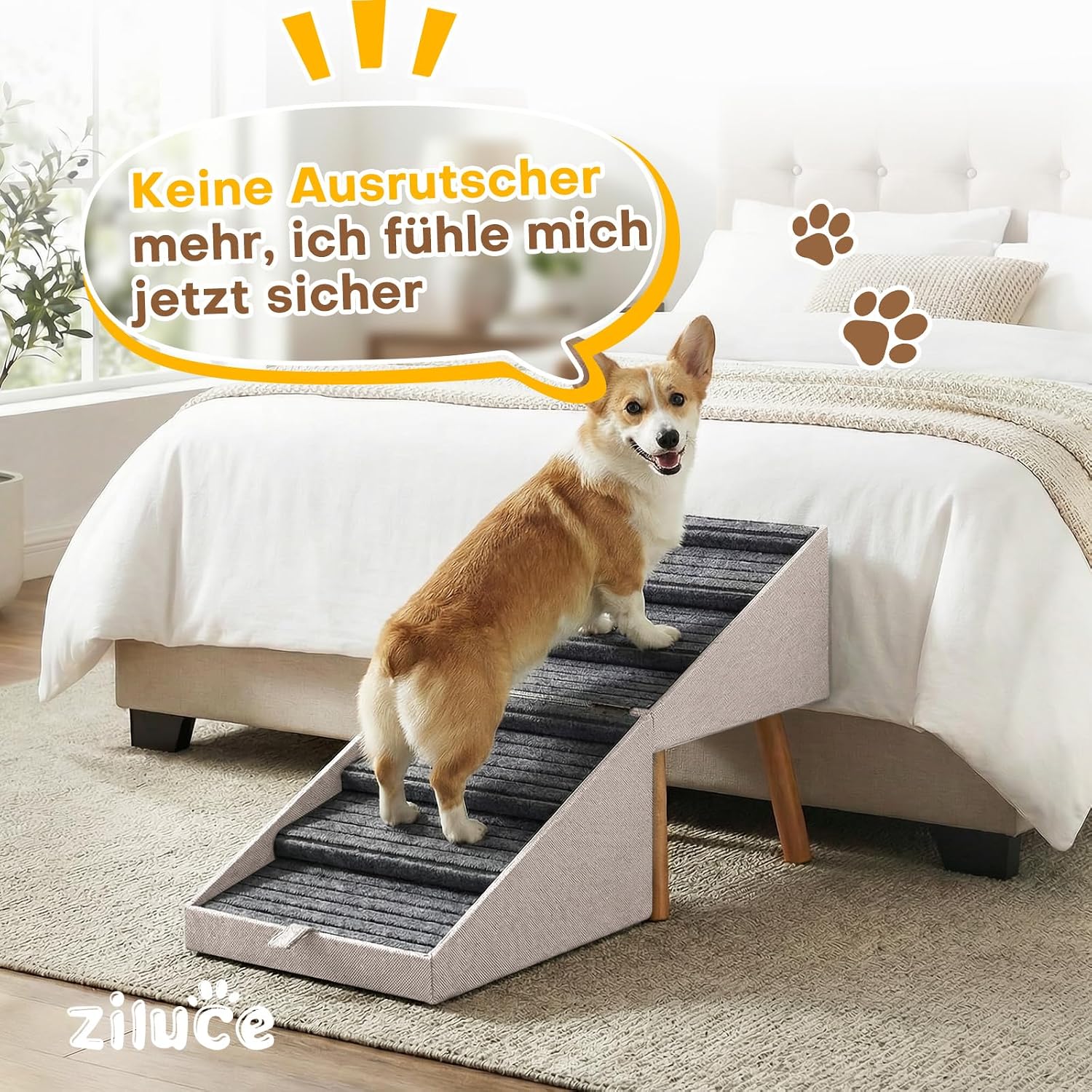 Detalle de Hunderampe für Bett und Couch – 2-in-1 Holztreppe und Ottomane für kleine bis große Hunde (Aprikose, 53,5 cm hoch)