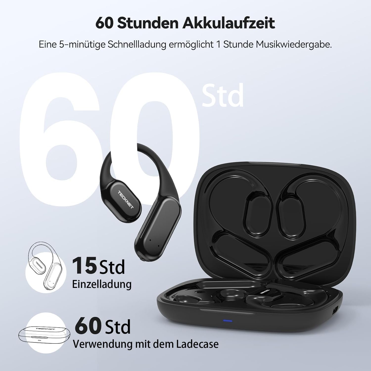 Thumbnail 3 de TECKNET Open-Ear Kopfhörer – kabellos, Knochenschall, IP68, 60 h Laufzeit